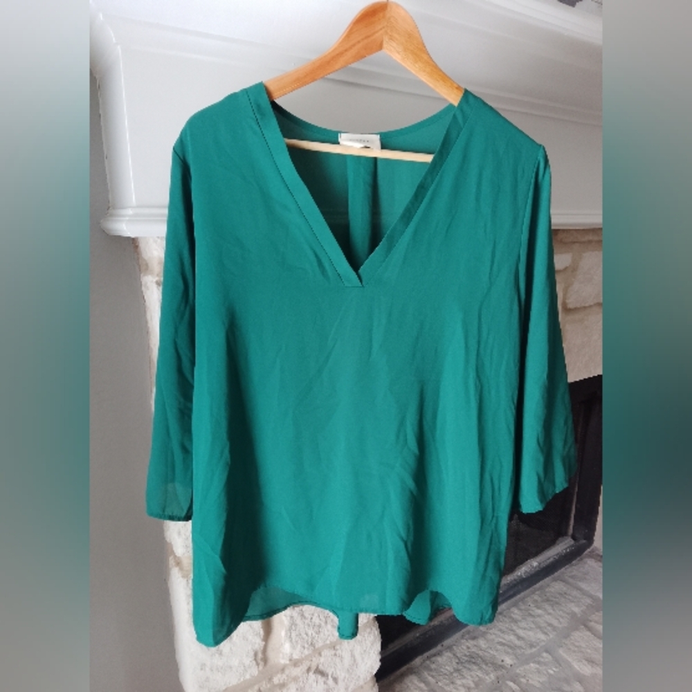Everly Teal V-Neck Sheer Blouse Career